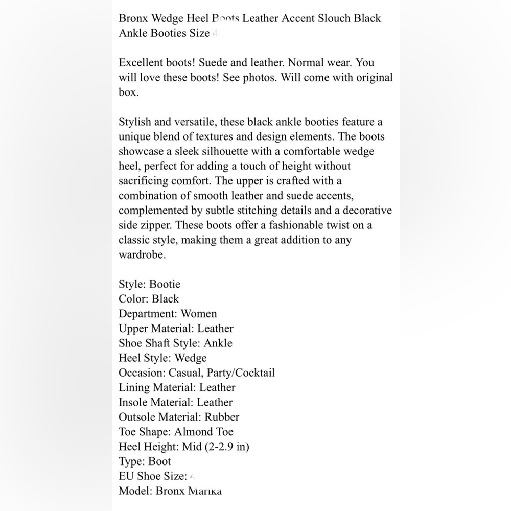Bronx Vintage Marika Tall Black Wedge Leather Boots Size 38 (7.5-8) - Picture 7 of 7
